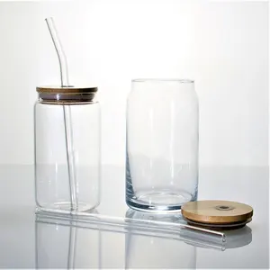 Groothandel 12Oz 16Oz Sublimatie Clear Bier Kan Vormige Drinkglas Mok Cup Met Stro Bamboe Deksel