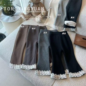 Tongxingyuan Girls Flared <b>Pants</b> Lace Trim Fleece <b>Lined</b> Winter Knitted Cotton Solid Color Long <b>Pants</b> For Children - Product Image 1