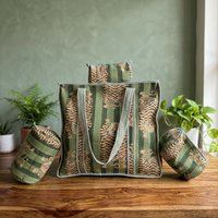 Tas Tote Kanvas Katun Motif Leopard Bohemian dengan Ritsleting, Bordir Rantai, Vintage, Musim Semi/Gugur/Dingin, Musim Panas, Pantai, Hijau