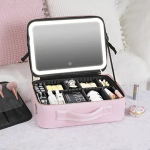 Portable Travel Waterproof Adjustable Light Cosmetic Organize Make Up Train Case Makeup Bag With Led Mirror Box