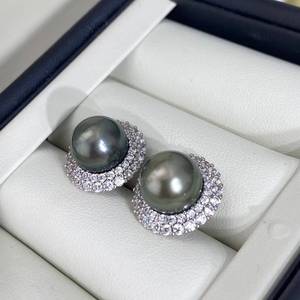 925 Sterling <b>Silver</b> Halo <b>Stud</b> <b>Earrings</b> 10-11mm Natural Color Tahitian Pearl <b>Earrings</b> High Luster Front Flawless Seawater Pearl - Product Image 2