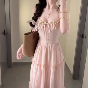 French Style Romantic Pink Slip <b>Dress</b> Sweetheart Neck Lace Trim Empire Waist <b>Long</b> Casual <b>Dress</b> Daily Wear Breathable - Product Image 4