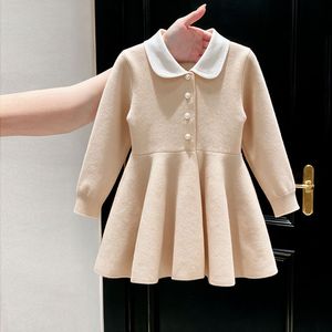 Nova Chegada 2026 Outono Inverno Vestido de Tricô Amarelo Creme com Gola Peter Pan para Meninas, Vestido Suéter para Meninas Pequenas - Product Image 1