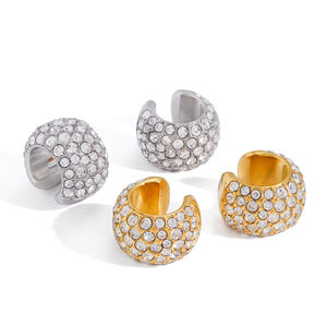 J&D 简约全锆石密镶粗耳夹耳环不锈钢银色宽圆顶首饰女士礼物 - Product Image 2