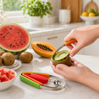 3-in-1 Nestbare Fruitlepels Set met PP Handvat, RVS Meloenballetjesmaker, Fruit Schiller, Snijder, Multifunctionele Fruitbereidingshulp