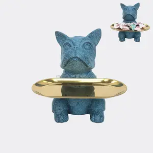 Hochwertige Bulldogge Statue Butler Bulldogge Skulptur mit Candy Tray Home Resin Art Dekoration