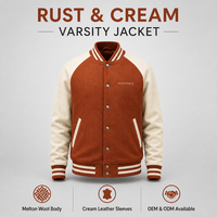 Blouson universitaire personnalisé en laine pour homme, bicolore crème et rouille, avec boutons-pression, poignets et ourlet côtelés, style Letterman, baseball, universitaire, décontracté, avec patchs