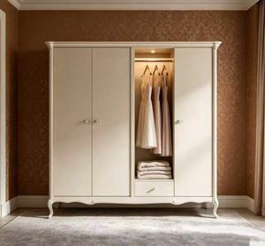 Elegante Armario de Madera Maciza con 4 Puertas Corredizas Blancas, Armario de Almacenamiento de Ropa con Patas Curvas Francesas para Dormitorio - Product Image 1