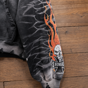 <strong>Custom</strong> Acid Wash Hoodie Unisex Gothic Skull <strong>Bones</strong> Flame Print Distressed Ripped Heavyweight Vintage French Terry 100% Cotton - Product Image 2