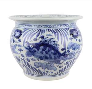 青と白の手描きの屋内粘土植木鉢セラミック魚の池ポット景徳鎮の手描きのレトロな装飾的な植木鉢 - Product Image 5