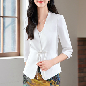 Women's Collarless Short Blazer Solid Color Slim Fit With Chinese Flute Buttons Spring New Arrival - Product Image 3