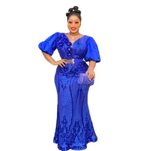 African Women's Oversized High Waisted Dress Mature Lady Sequined Party Evening Long Dresses