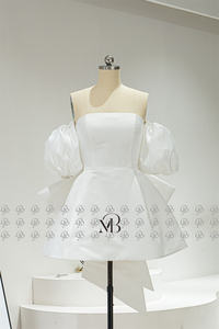 Mily mariée QD06339 détachable grand nœud bouffant manches courtes fermeture éclair dos Mini robe de mariée courte - Product Image 3