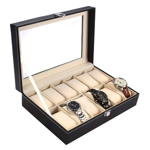 Boîte de Rangement Montres et <span class=keywords><strong>Bijoux</strong></span> en Cuir PU Noir avec Coussins en Velours, 12 Emplacements <span class=keywords><strong>pour</strong></span> Hommes et Femmes - Product Image 6