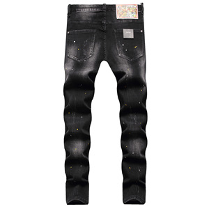 Celana Jeans Pria Hitam Stretch Slim Straight Vintage Gothic Hip Hop Musim Dingin Vintage Berwarna Rivet Berlian Leopard Patchwork - Product Image 2