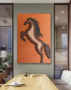 Customized Living Room Foyer Corridor Background Wall Decoration Painting 3D Sandstone Wood Carvinging Horse