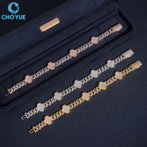 Wholesale 8MM Width <b>Iced</b> <b>Out</b> Party Jewelry Women's Moissanite Bracelet Flower Shape 18K Gold Plated <b>Chain</b> Link Luxury Jewelry - Product Image 5