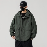 Veste de travail d'extérieur à capuche zippée vert olive pour homme, manteau décontracté avec poches à rabat sur la poitrine et manches raglan
