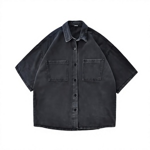 Custom Black <b>Denim</b> <b>Shirt</b> <b>for</b> <b>Men</b> Short Sleeve Turn-Down Collar Button-Up Pocket Casual Vintage <b>Shirts</b> - Product Image 4