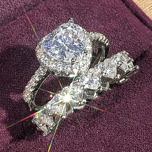 Set di anelli con zirconi scintillanti a forma di cuore per donna, gioielli romantici da regalo per matrimonio da principessa - Product Image 3