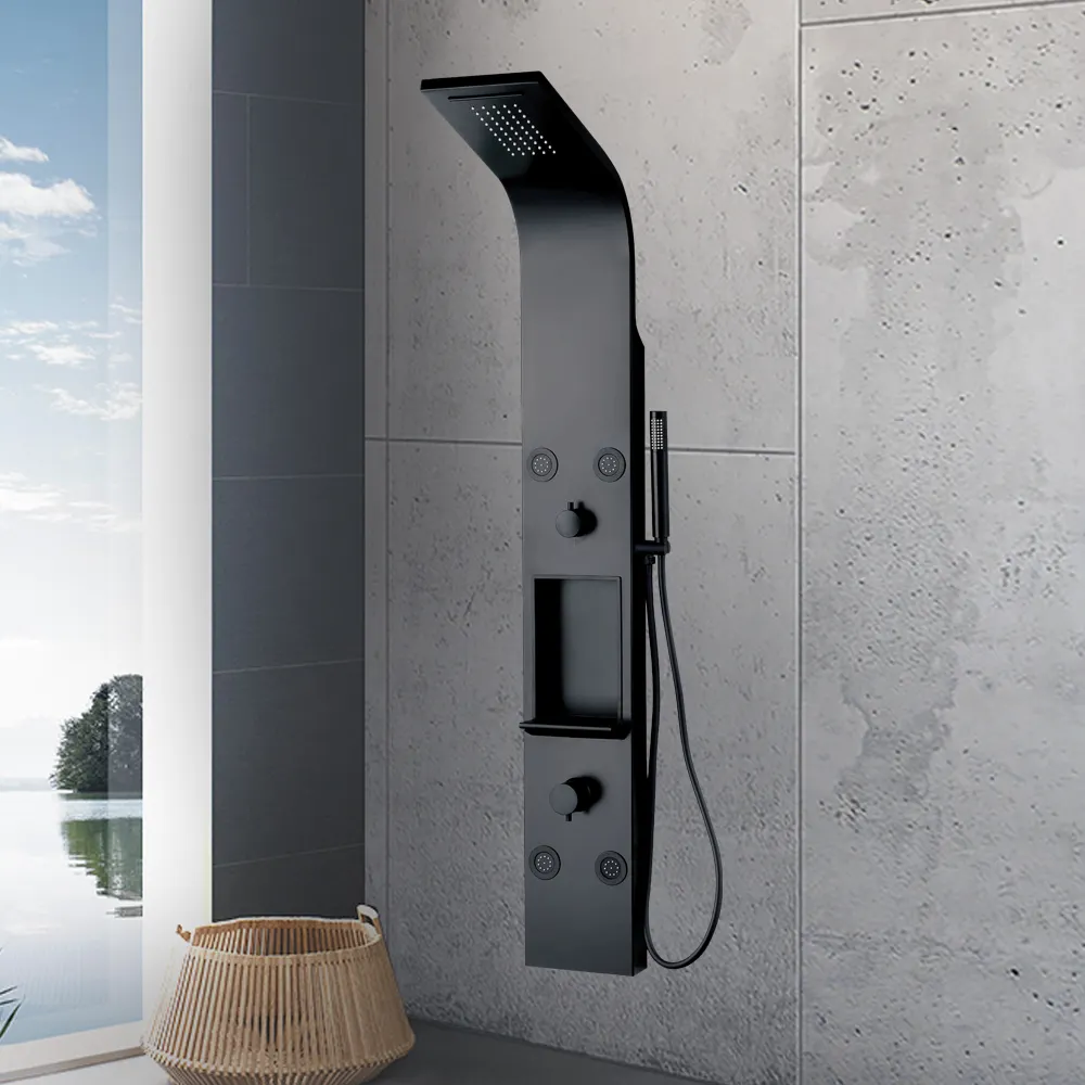 Panneaux de douche noirs Cascade en aluminium Spa Jets Panneau de douche mural multifonction pour salle de bain