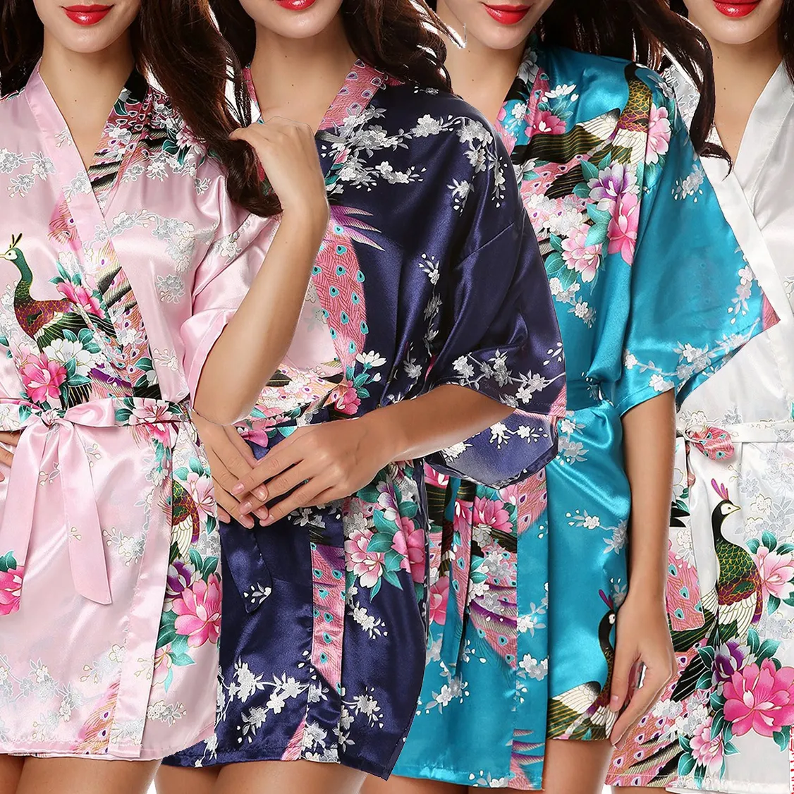 Hellrosa Frauen Brautjungfer Kleid Robe Großhandel Seide Satin Frauen Druck kurzen Kimono Bademantel Langarm Brautjungfer Robe