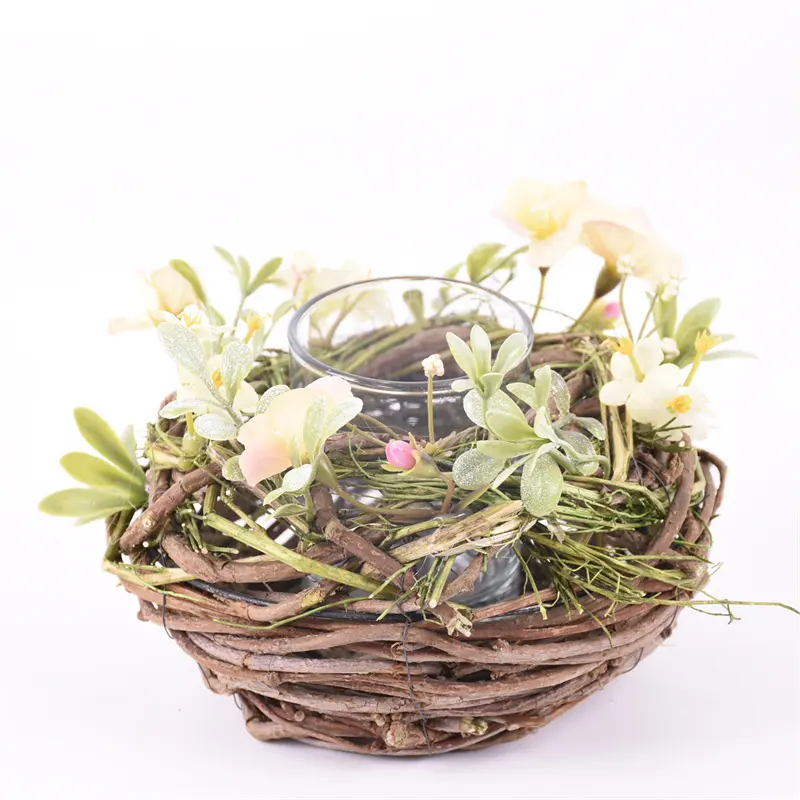 GY BSCI, decoración de primavera hecha a mano, farol tejido en copa de cristal, artesanías, ramitas de ratán Natural, portavelas