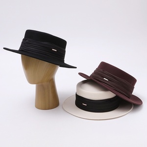 New Autumn <strong>Winter</strong> Luxury Wool Felt <strong>Hat</strong> Women Vintage Chic British Pleated Satin Trim Flat Top Premium Ceremony - Product Image 3