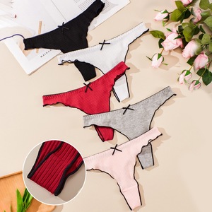 <span class=keywords><strong>Perizoma</strong></span> da donna a tinta unita in cotone a costine a vita bassa con volant e fiocco, intimo morbido e traspirante - Product Image 2