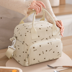 New Crossbody Lunch Bag Corduroy Insulated Keep Warm Cold For Work Student Travel Beige Leopard Cherry Print - Product Image 2