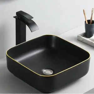 潮州厂家UBEST批发陶瓷洁具哑光黑色矩形台面浴室梳妆台水槽洗手盆