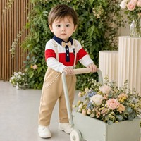Polo en piqué rayé style preppy avec col rabattable et ensemble de bretelles pour bébés garçons, idéal pour les tenues formelles d'automne et les premiers anniversaires