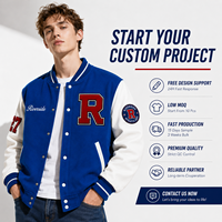 Veste de sport universitaire personnalisée pour hommes, fabrication OEM, étiquette privée, logo d'équipe brodé, patch bleu, veste de sport universitaire personnalisée