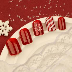 Dropshipping, 12 Uds./set, Uñas Postizas Acrílicas con Diseño de Rayas de Caramelo Navideñas y Copos de Nieve, Color Rojo Francés Sólido, Forma Almendrada - Product Image 2