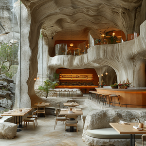 2024 AI Creative Concept Design Special-Shaped Space Imitation Natural Stone Coffee Restaurant Space Design 3D Rendering Service - Product Image 4