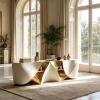 Buffet de rangement en fibre de verre blanc et or, inspiré de l'origami, avec design géométrique et courbes, console de luxe pour salon.
