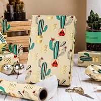 Papier cadeau à motif de cactus mignon, rouleau de papier spécial avec feuille d'or, papier couché pour emballage cadeau, artisanat, fête d'anniversaire pour enfants