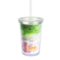 Gobelets en plastique réutilisables de 350 ml, gobelet en plastique à double paroi avec paille et bouchon pour thé au lait à bulles et eau potable