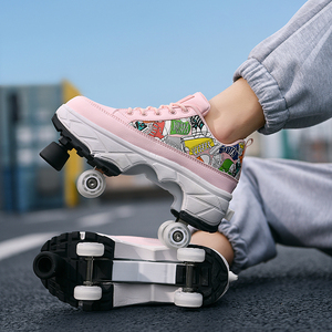 Scarpe da Pattinaggio Personalizzate <span class=keywords><strong>2</strong></span>-<span class=keywords><strong>in</strong></span>-<span class=keywords><strong>1</strong></span> Convertibili <span class=keywords><strong>in</strong></span> Sneakers con 4 Ruote, <span class=keywords><strong>Pattini</strong></span> Quad Rosa Graffiti per Bambini e Adulti - Product Image 5