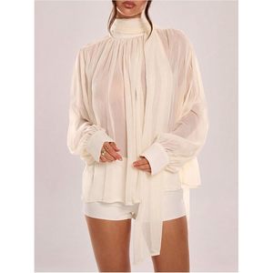 Blusa de Gasa Transparente para Mujer, Cuello Alto, Manga Larga, Manga Abullonada, Top Elegante para Fiesta, Atuendo Casual - Product Image 3