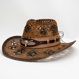 Sombrero de Paja Unisex con Borde Ancho Calado, Estampado Tie-Dye y Banda de Papel, Estilo Vaquero, para Cabezas Grandes - Product Image 1