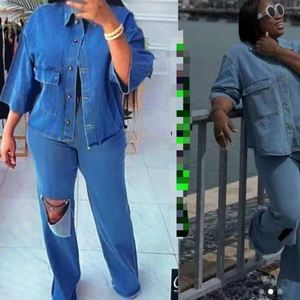 Nouvel ensemble 2 pièces décontracté en jean pour femme : haut à revers et pantalon déchiré tendance - Product Image 3