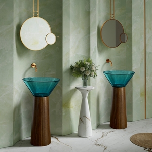 Lavandini in resina colorata di cristallo e grana di legno in <span class=keywords><strong>acciaio</strong></span> inossidabile combinazione di piedistallo Free Standing Art <span class=keywords><strong>lavandino</strong></span> <span class=keywords><strong>bagno</strong></span> lavabo - Product Image 5