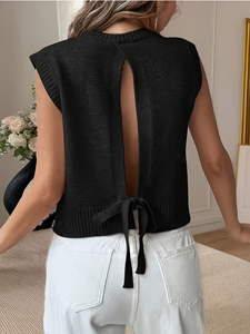 Gilet en maille dos nu pour femme, été 2026, sans manches, col rond noir, à nouer dans le dos, respirant, 100 % polyester 180g, décontracté, usage quotidien - Product Image 3