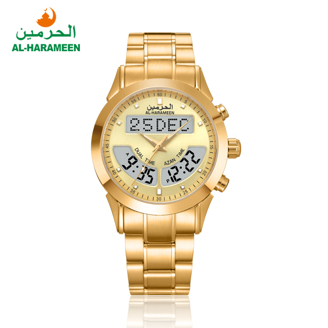 Waterproof Multifunction Stainless Steel Luxury Dual time Islamic Alharamain Watch Azan for Muslim