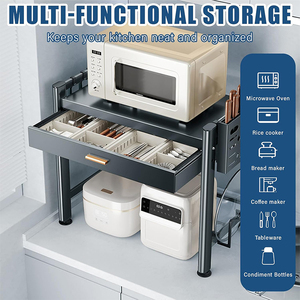 Support double pour micro-ondes, étagère de cuisine sur pied, étagère de rangement pour four à micro-ondes, étagère de four réglable avec tiroirs coulissants - Product Image 5