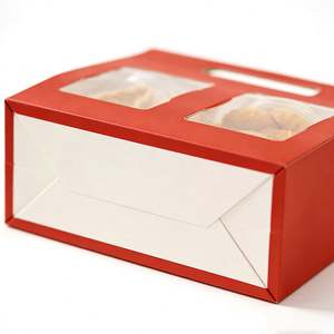 Sac fourre-tout personnalisable à double compartiment pour desserts, avec poignées découpées et fenêtre, fabriqué en papier kraft rouge festif. - Product Image 4