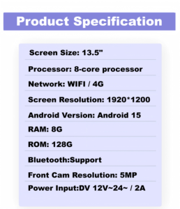 צג משענת ראש דק במיוחד בגודל 13.5 אינץ' עם תמיכה ב-4G, מסך מגע, שיקוף אלחוטי, GPS/WiFi/Bluetooth, 8+128GB - Product Image 4