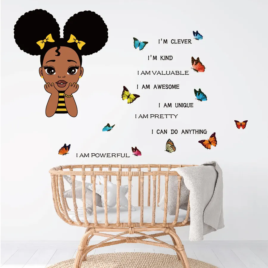 고무적인 단어를 가진 아이 방을 위한 귀여운 pvc 검정 소녀 벽 스티커