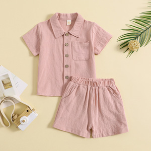 Costume d'été pour enfants en coton et <span class=keywords><strong>lin</strong></span>, chemise à manches courtes pour garçon et short, ensemble 2 pièces, couleur unie, vêtements pour enfants - Product Image 5